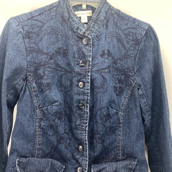 Coldwater Creek Denim Embroidered BOHO Jacket Nehru Collar Cottage size 6 - Picture 2 of 8